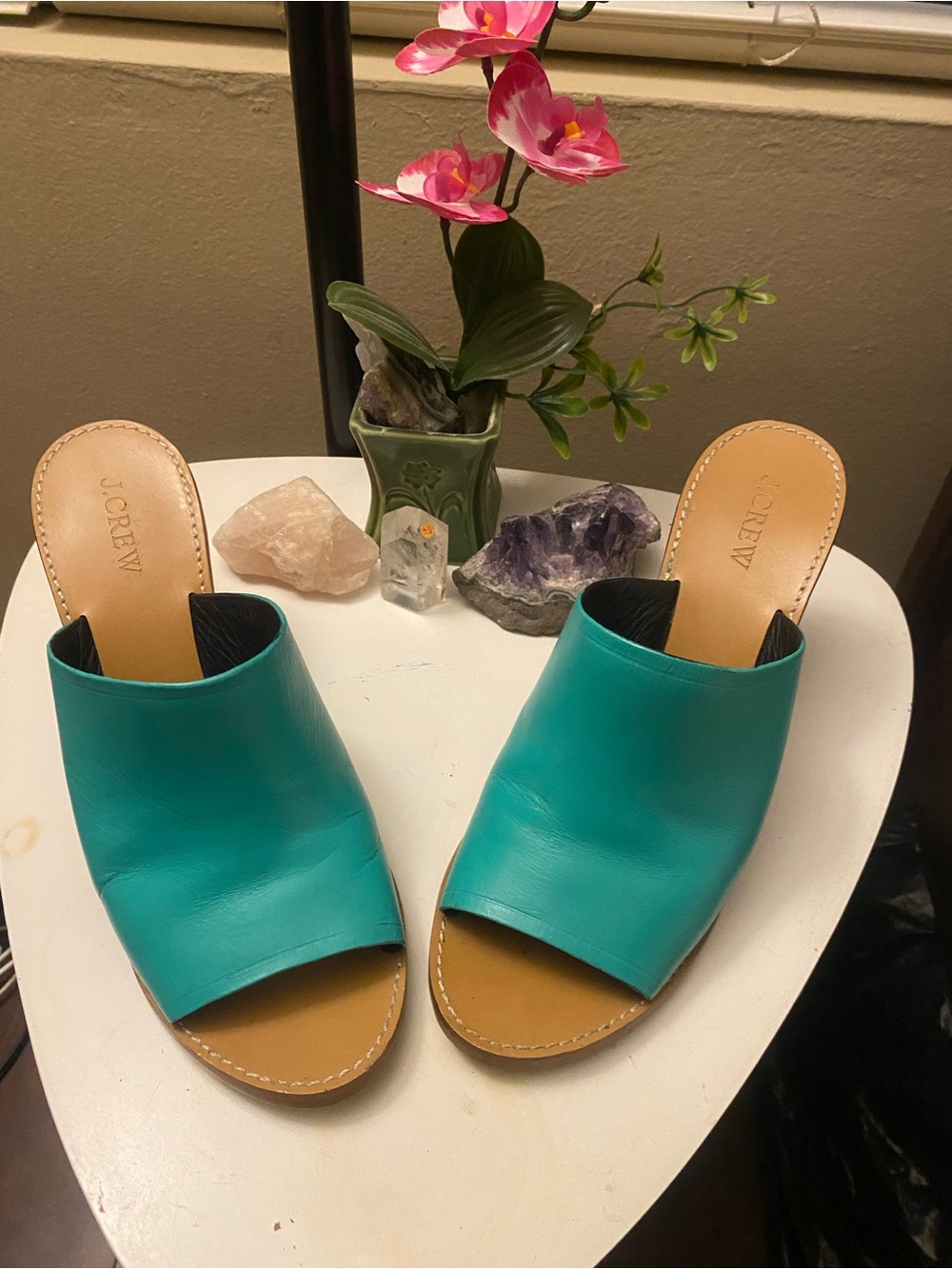 J. Crew Teal Leather Open-Toe Slide Mules